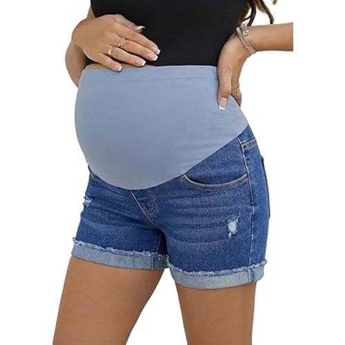 BLENCOT Women's Maternity Jean Shorts Stretchy Comfy Over Belly Ripped Casual Summer Pregnancy Clothes with Pockets