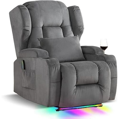 SAMERY Power Recliner Chair with Massage and Heat, Zero Wall Hugger Recliners Sofa Chair for Small Spaces, Theater Seating RV Sofa with 3-Sided LED Surround Lighting/USB Type-C/Cup Holders (1, Gray)
