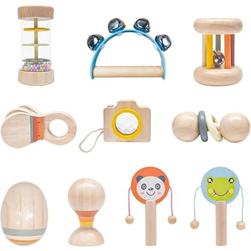 10 PCS Wooden Baby Toys Set-Organic Infant Rattles Newborns 0-6 Month & Montessori-Inspired Musical Instruments for 0-12 Month - Natural Toddler Developmental Toys