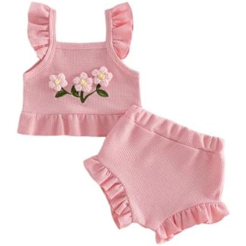 Madjtlqy Baby Girl Summer Clothes Outfits 0 3 6 12 18 Months Flower Ruffle Sleeve Tops and Shorts Set