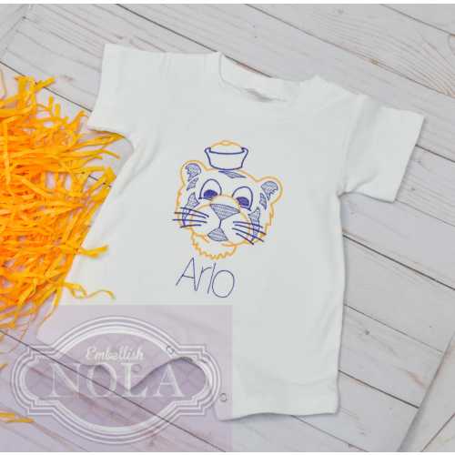 Tiger Embroidered Romper, Purple and Gold