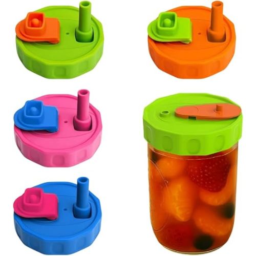 4 Pack Silicone Wide Mouth Mason Jar Lids with Straw for Ball, Kerr and More,Food Grade Canning Jar Drinking Lids,Storage Caps for Mason,Leak-Proof