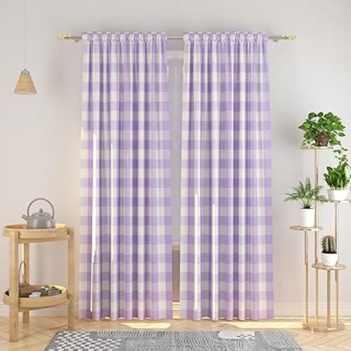 NATUS WEAVER Buffalo Check Curtains 108 inches Long Cotton Basement Gingham Plaid Kitchen Window Curtain Panels Living Room Checker Drapes Bedroom Rod Pocket Window Treatment 2 Panels Lilac and White