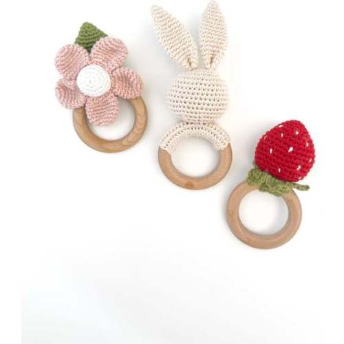 Spring Rattle Set Strawberry Red Bunny Cream Flower Blush Cotton Teether - The Blueberry Hill | Maisonette