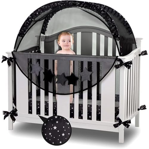 Safety Crib Tents to Keep Toddler in, Pop Up Baby Mosquito Net Cover Bed Canopy for Infant - Black