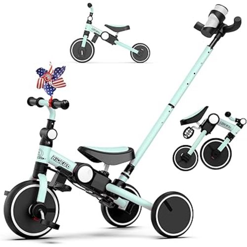 Ridego 5 in 1 Tricycle for Toddlers 3-5 Years Old,Foldable Toddler Bike with Push Handle and Cup Holder, Ideal Balance Bike and Birthday Gifts for 2 3 4 5 Year Old Boys Girls,Green