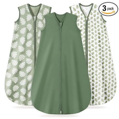 3 Pack Baby Sleep Sack 0-6 Months 100% Organic Cotton, 0.5 TOG Lightweight Wearable Blanket, 2-Way Zipper Sleeping Bag, Leaf&Green
