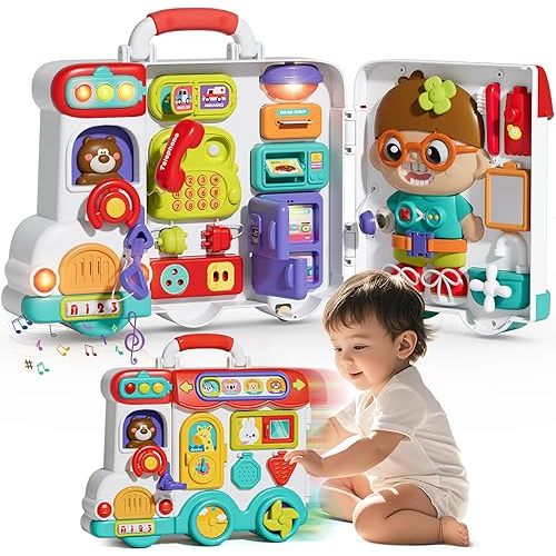 54-in-1 English & Spanish Busy Board Montessori Toys Gift for 1 2 Year Old Boys, Educational Montessori Toddler Boys Toys, Christmas Toys Gifts Toy for 1 Year Old Boy,1 2 Year Old Boy Toys Gifts