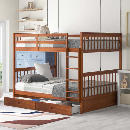 Harper & Bright Designs Full Over Full Bunk Bed with 2 Drawers, Solid Wood Platform Bed with Ladder, Full Length Guardrail and Headboard, No Spring Box Needed