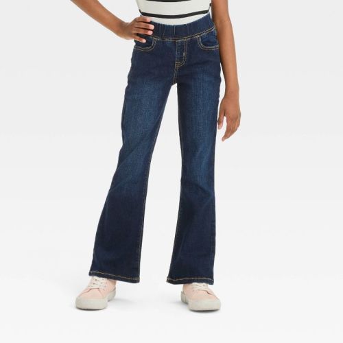 Girls' Mid-Rise Pull-On Flare Jeans - Cat & Jack™ Dark Wash 6: Easy Fit, Stretch Denim, Full Waistband Elastic, 21.25" Inseam