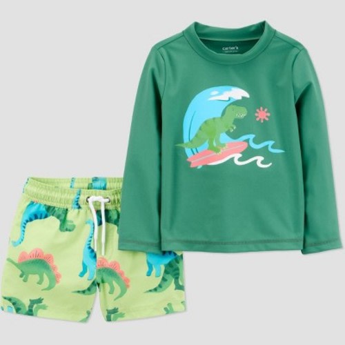 Carter's Just One You® Toddler Boys' Long Sleeve Dino 2PC Rash Guard & Swim Trunk Set - Green 12M
