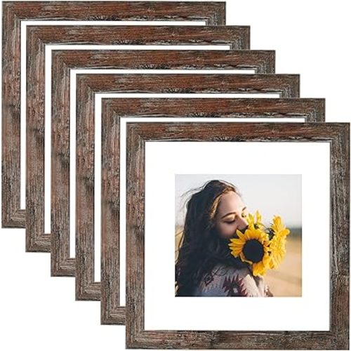12x12 Picture Frame Rustic Brown Wood Set of 6,Display Square Pictures 8x8 with Mat or 12x12 Without Mat,Multi Photo Frames Collage for Wall - Gallery Wall Frame Set