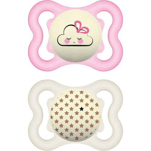MAM Supreme Night Baby Pacifier, for Sensitive Skin, Patented Nipple, 2 Pack, 0-6 Months, Girl