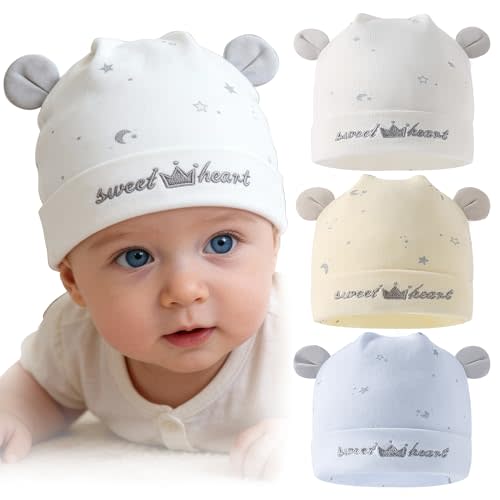 3 Pack Bear Ear Newborn Hats, 95% Cotton Blend, Unisex Infant Caps 0-12M