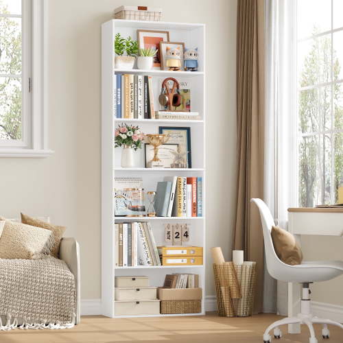 Homfa 6 Tier Tall Bookshelf and Bookcase, Wooden Bookcase Display Shelf for Living Room Home Office Library Storage, White