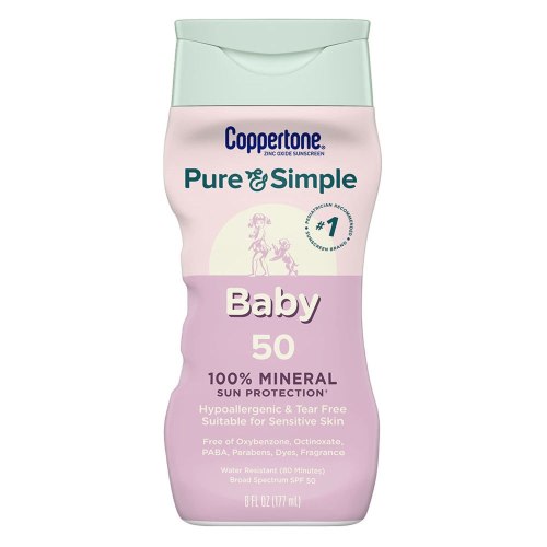 Coppertone WaterBABIES Sunscreen Pure & Simple Tear Free Mineral Based Lotion Broad Spectrum SPF 50, 6 OZ