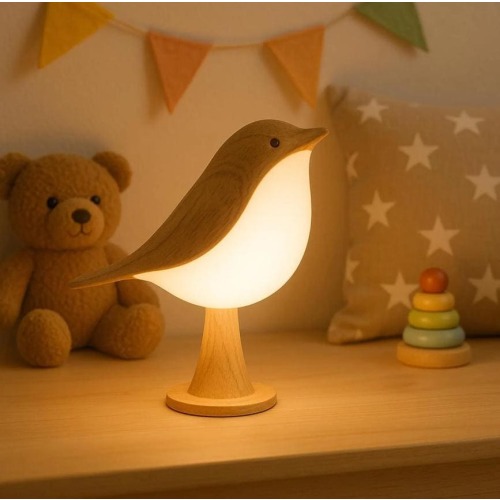 Bird-shaped LED lamp - Aesthetic wooden desk lamp, touch-sensitive night light with 3 color modes, or interior decoration