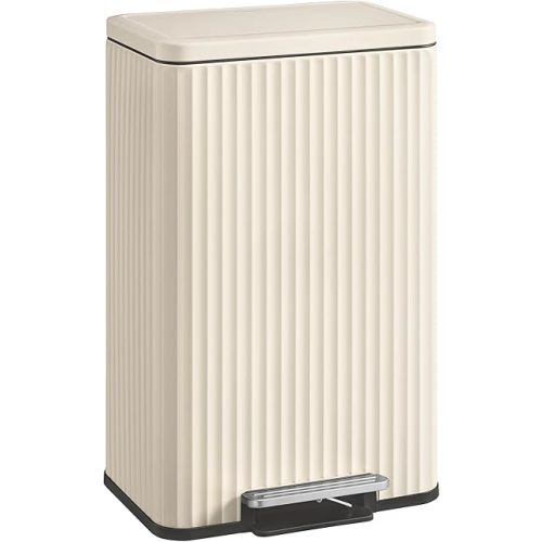 SONGMICS Trash Can, 13 Gallon (50 L) Garbage Can for Kitchen, with Lid, Pedal, and Removable Inner Bucket, Soft Close, Stainless Steel, 15 Trash Bags (Code K) Included, Cream White ULTB586LZ01
