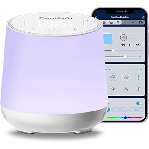 FamiSym White Noise Machine for Baby & Kids, Nursery Night Light & Alarm Clock, Dimmable Clock & Temperature Display, 34 Soothing Sounds, Toddler Sleep Trainer