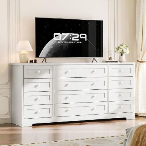 White 12 Drawers Wood Dressers, 63" Long Wooden Dresser, 16" Wide TV Stand Dresser for 65 Inch TV, Solid Wood Dressers, Modern Chest of Drawers