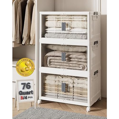 OlarHike 76QT Lockable Storage Bins with Lids - Folding Storage box with Doors and Wheels, Collapsible Plastic Bins for Closets, Office, Stackable Organizer and Containers, Gifts, 3 Pack Cubes