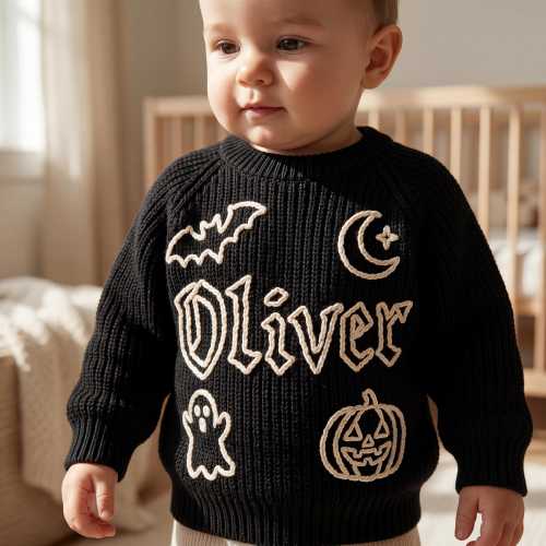 Personalized Gothic Baby Sweater, Hand-Embroidered Skull Knit, Custom Toddler Halloween Gift