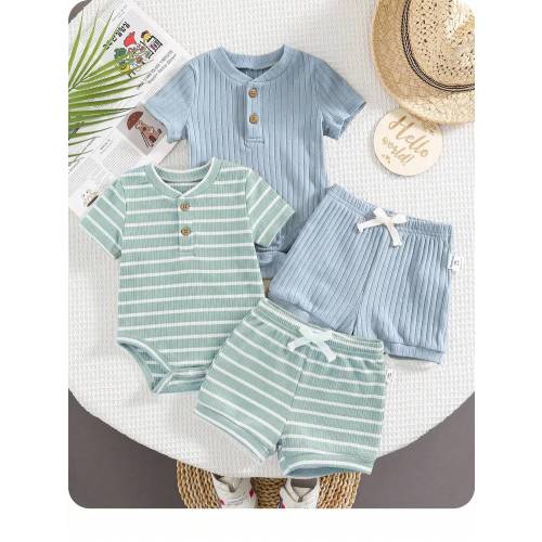 4pcs/Set Newborn Baby Boy/Girl Summer Cute Striped Blue Short Sleeve Romper & Shorts 4-Piece Outfit, Suitable For Home & Outings | SHEIN USA