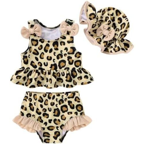 Happy Town Toddler Swimsuit Baby Girl Bathing Suit Sleeveless Bow Floral Bikini Top Ruffle Shorts with Hat Beach Swim Wear