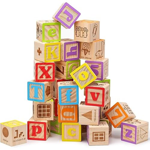 SainSmart Jr. Wooden Alphabet Blocks 1.73 Inch, 30Pcs Building Blocks Including Letters, Numbers and Animals, Montessori Wooden Blocks for Preschool Toddlers