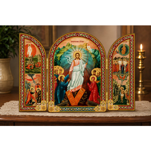 Resurrection of Christ Gold Foiled Icon Wooden Triptych Religious Decor