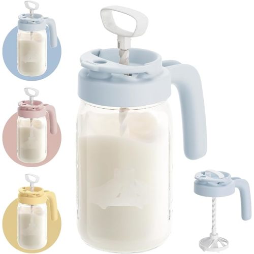 Papablic Glass Breastmilk Pitcher, Formula Mixing Pitcher with Mixing Handle Lid, Wide Mouth Mason Jar Mixer with Flip Locking Spout, Easy to Clean, BPA Free, Blue