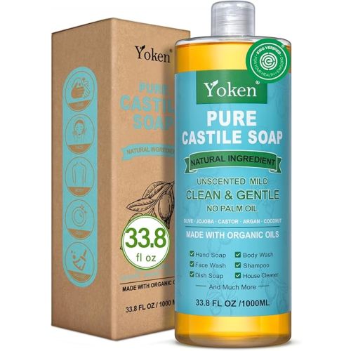 Yoken EWG Verified Castile Soap Liquid Unscented 33.8 fl oz Pure Castile Liquid Cleanser Made With Organic Oil, Clean & Gentle, Natural Castor Oil Soap for Body Wash, Hand, Dishes, Laundry