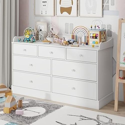 Vabches Kids 7 Drawers Dresser Cabinet, Storage Drawers for Nursery, Chest of Drawers Dresser, White Dresser, Kids Bedroom Furniture, Nightstand for Child’s Room, White