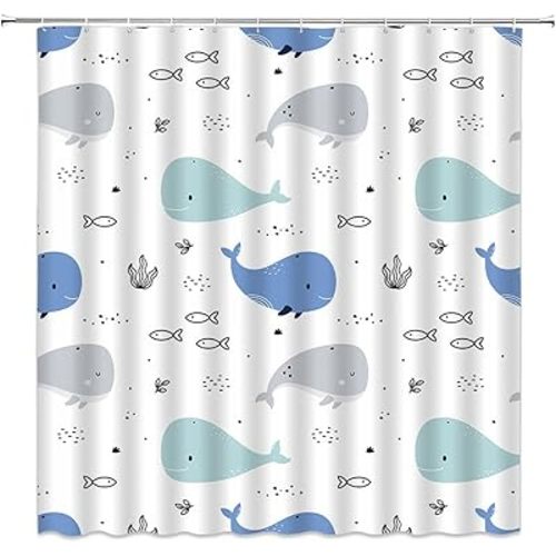 Cartoon Whale Shower Curtain Cute Ocean Underwater Wildlife Abstract Blue Gray Fish Tropical Fish Coral Seaweed Hippie Funny Polyester Fiber Bathroom Decoration with Hooks