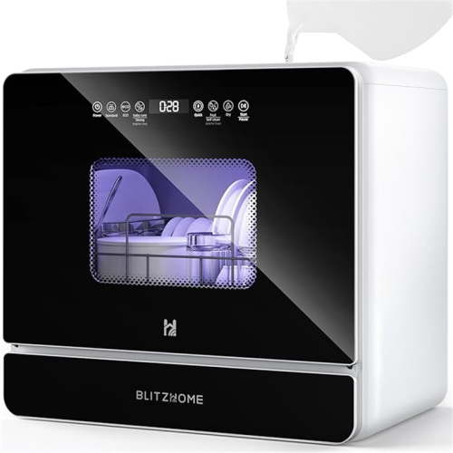 BLITZHOME Upgraded Portable Countertop Dishwasher, 9 Programs,5.2L Built-in Water Tank ,3-Spray Arms & 24H Timing,No Installation Needed