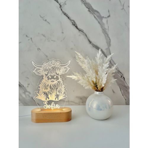 Highland Cow Custom Name Light Personalized Bedroom LED Cloud Decor Sign Light up Sign /wildflower Crown Cow Lamp / Girl Gift - Etsy