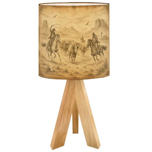 Small Tripod Table Lamp Western Cowboy Desert Riding Rustic Dimmable Lamp with Remote 16 Color LED Bulb Linen Shade Wood Base Nightstand Lamp for Bedroom Nursery