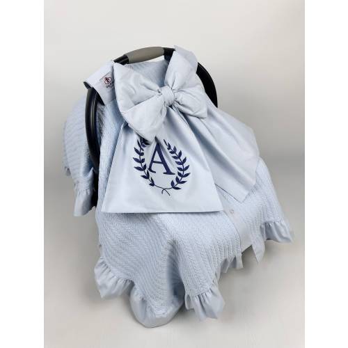 Baby Blue Pique Car Seat Canopy Cover with Ruffles and Bow - Personalized Carseat Cover