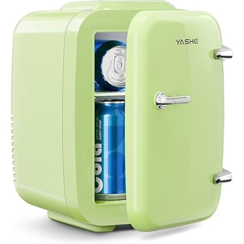 YASHE Mini Fridge, 4 Liter/6 Can Mini Makeup Fridge, 110V AC/ 12V DC Portable Thermoelectric Cooler&Warmer for Skincare, Drink, Cosmetic, Medicine, Small fridge for Bedroom, Office, Dorm, Car, Green