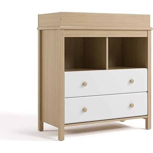 Storkcraft Alpine Nursery Changing Table Dresser Combo (White with Driftwood) – GREENGUARD Gold Certified, Dresser for Nursery, Changing Table with Drawers, Removable Changing Table Topper