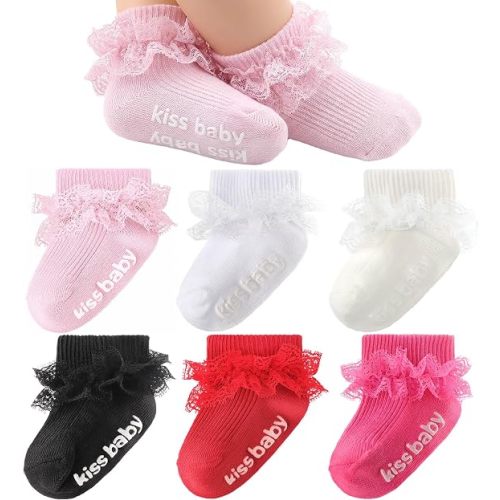 DRESHOW BQUBO Baby Girls Toddler Anti Slip Socks - Cute Frilly Ruffle Grip Ankle Socks for Infant Toddler