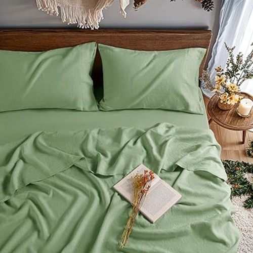 100% Pure Linen Sheet King 4 pcs Sheet Set Deep Pocket Up to 16" Mattress Soft Breathable Bed Set Comfortable for All Season (Green,King)