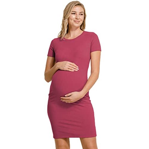 LaClef Women's Maternity Short Sleeve Bodycon Ribbed Dress
