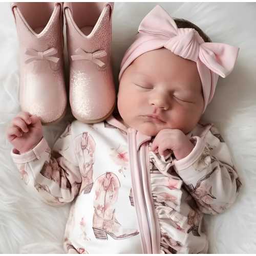 BEST SELLER - Western Baby Girl Sleeper Water Color Cowboy Boot Print for your little Cowgirl Infant Pajamas Shower Gift Convertible Hands