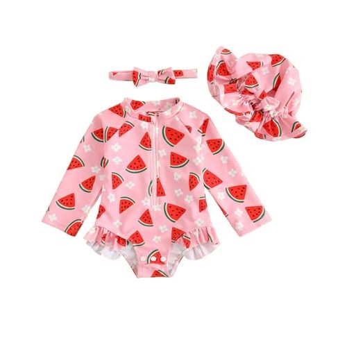 FishingDino Baby Swimsuit Girl Rash Guard Newborn 0M-3T, Long Sleeve UV Infant Bathing Suit with Hat & Headband, Bottom Snaps