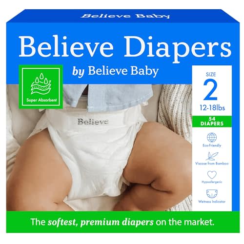Believe Diapers Size 2 (12-18 Lbs) Viscose Bamboo Diapers 54 Count – Natural Baby Diaper, Chemical Free and Fragrance Free Natural Diaper for Sensitive Skin, Super Absorbent with Leak Protection