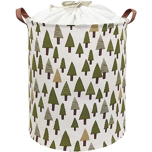 Nursery Laundry Basket Canvas Fabric Baby Boy Storage Bins,Collapsible Woodland Hamper,Waterproof Storage Baskets with Leather Handle,Forest Nursery Decor,Toy Organizer (Tree)