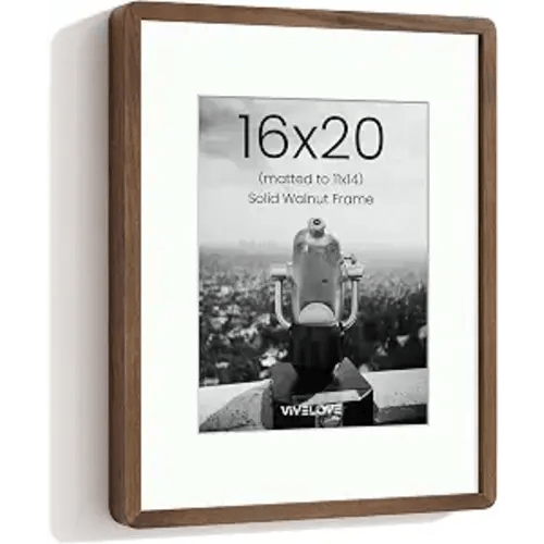 Picture Frame Solid Walnut Wood, 16x20 with Mat to 11x14 Natural Walnut, HD Tempered Glass Wall Hanging & Tabletop Display Home Decor for Photos, Art & Posters