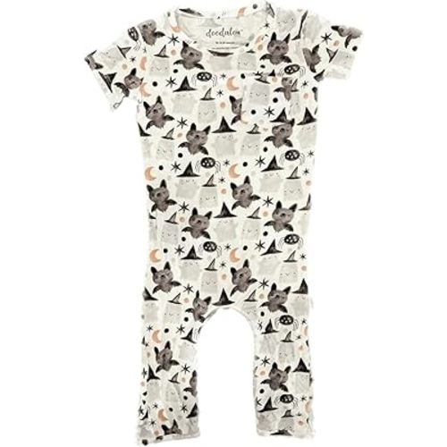 Soft Bamboo Viscose Baby Romper, Short Sleeve with Pants, Zipper Inseam Closure with Front Pocket Pacifier Clip (Squad Ghouls, 12 Months)