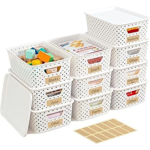 10 Pack Plastic Storage Bins with Lids, Stackable Plastic Storage Baskets for Organizing with Handles, Organizer Bins with Labels for Room, Craft, Containers for Pantry Organizers and Storage